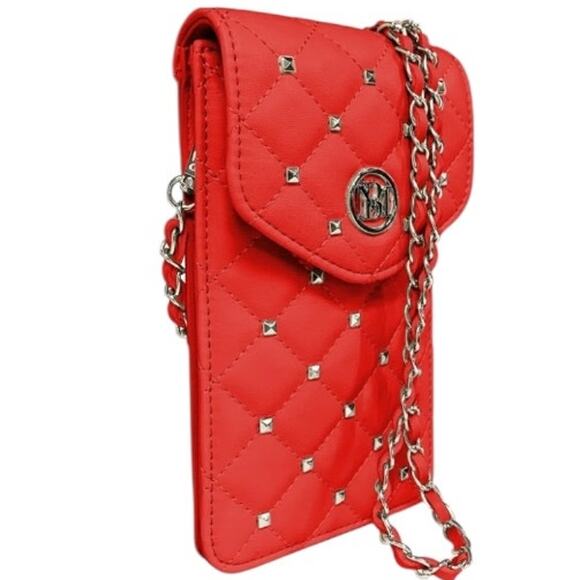 Badgley Mischka vegan leather phone case w/ diamond quilting and studs Red NWT - Picture 3 of 3